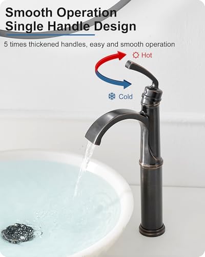 Vessel Sink Faucet, Oil Rubbed Bronze Waterfall Bathroom Sink Faucets, Brass Tall Bathroom Faucet Vanity Faucet 1 Hole Restroom Faucet Single Handle with Pop-up Drain Supply Hose