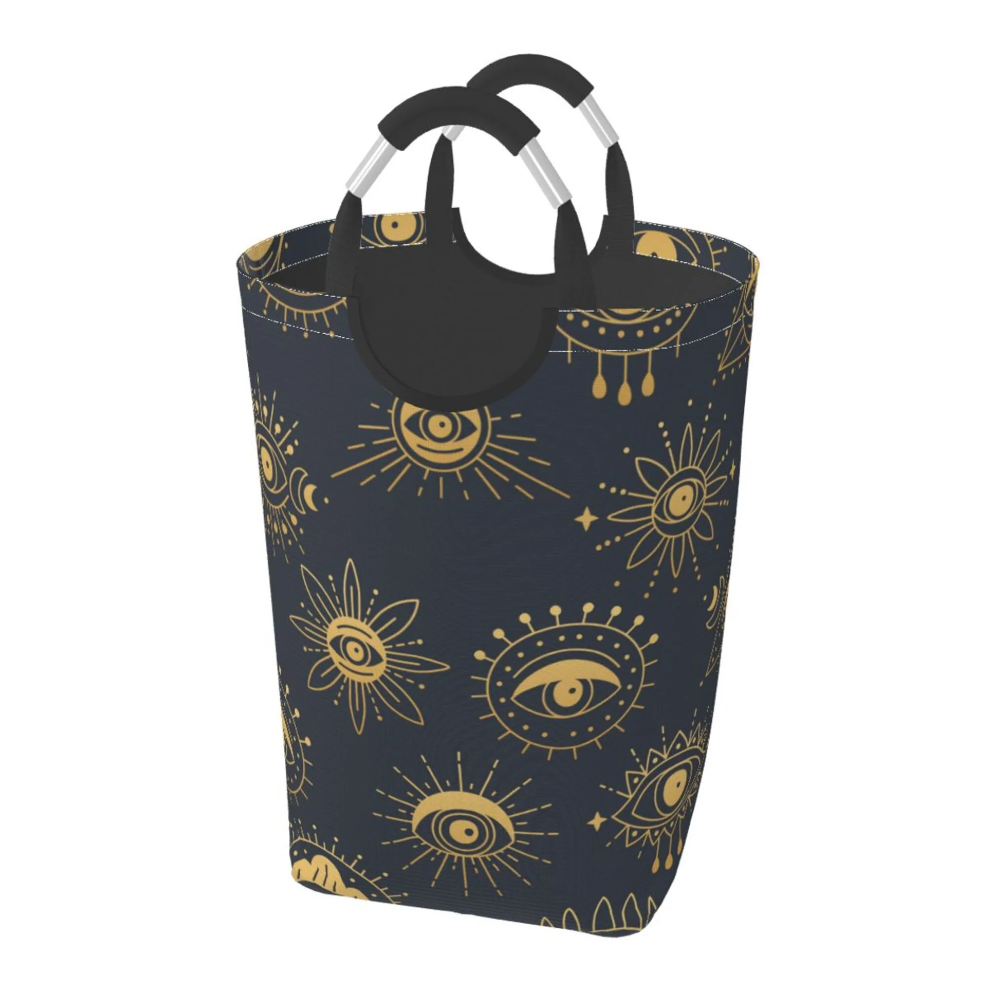 TEQUAN 50L Large Rectangular Laundry Hamper with Aluminum Handles, Golden Witchcraft Eye Doodle Prints Waterproof Foldable Dirty Clothes Basket