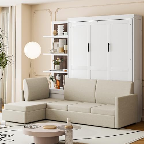 HABITRIO Queen Size Murphy Bed, Wooden Queen Murphy Bed Frame with Shelves, Wall Bed with L-Shape Sofa, White