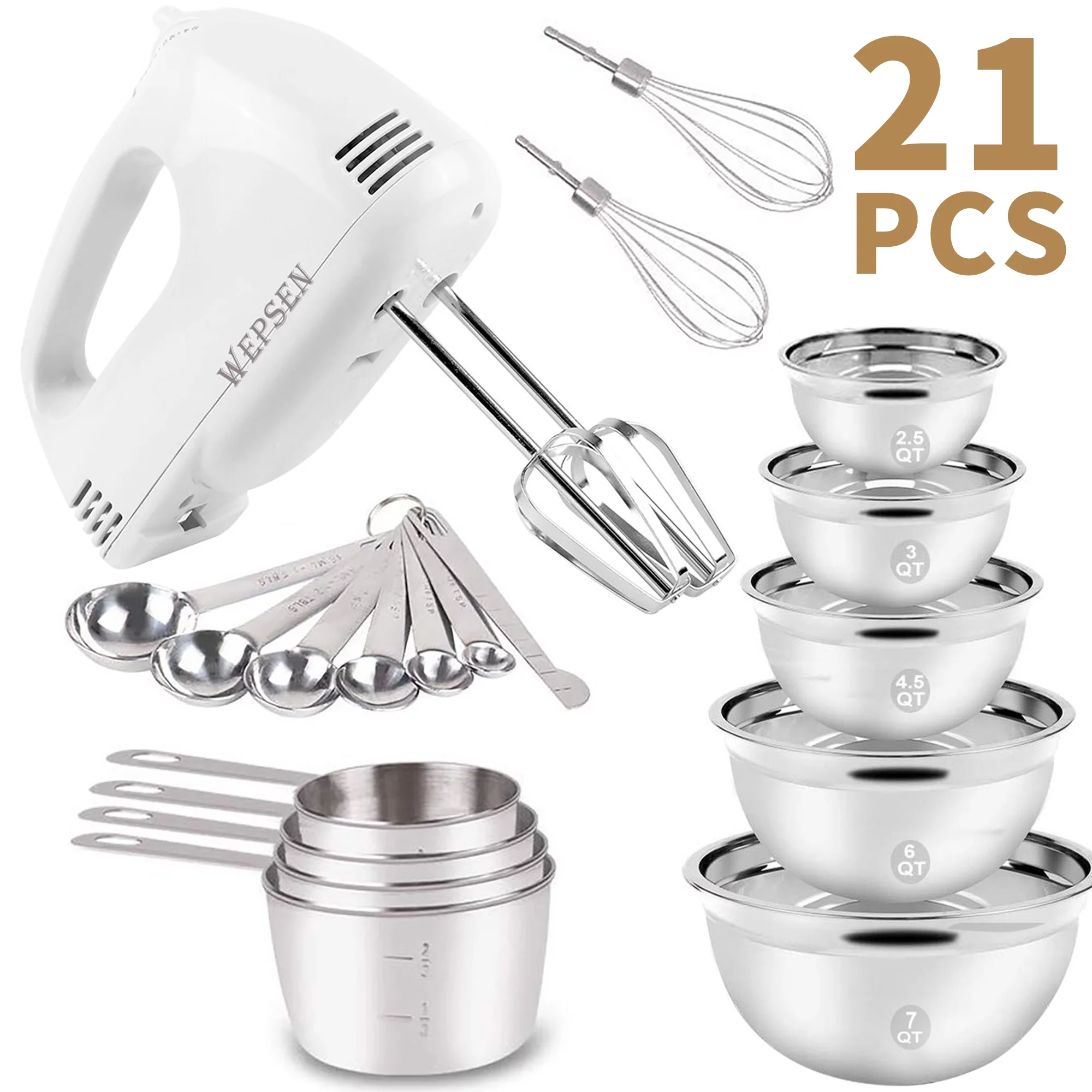 KOSBON Electric Hand Mixer Mixing Bowls Set, Upgrade 5-Speeds Mixers with Silver Nesting Stainless Steel Mixing Bowl, Measuring Cups and Spoons Whisk Blender - Baking Supplies for Cooking