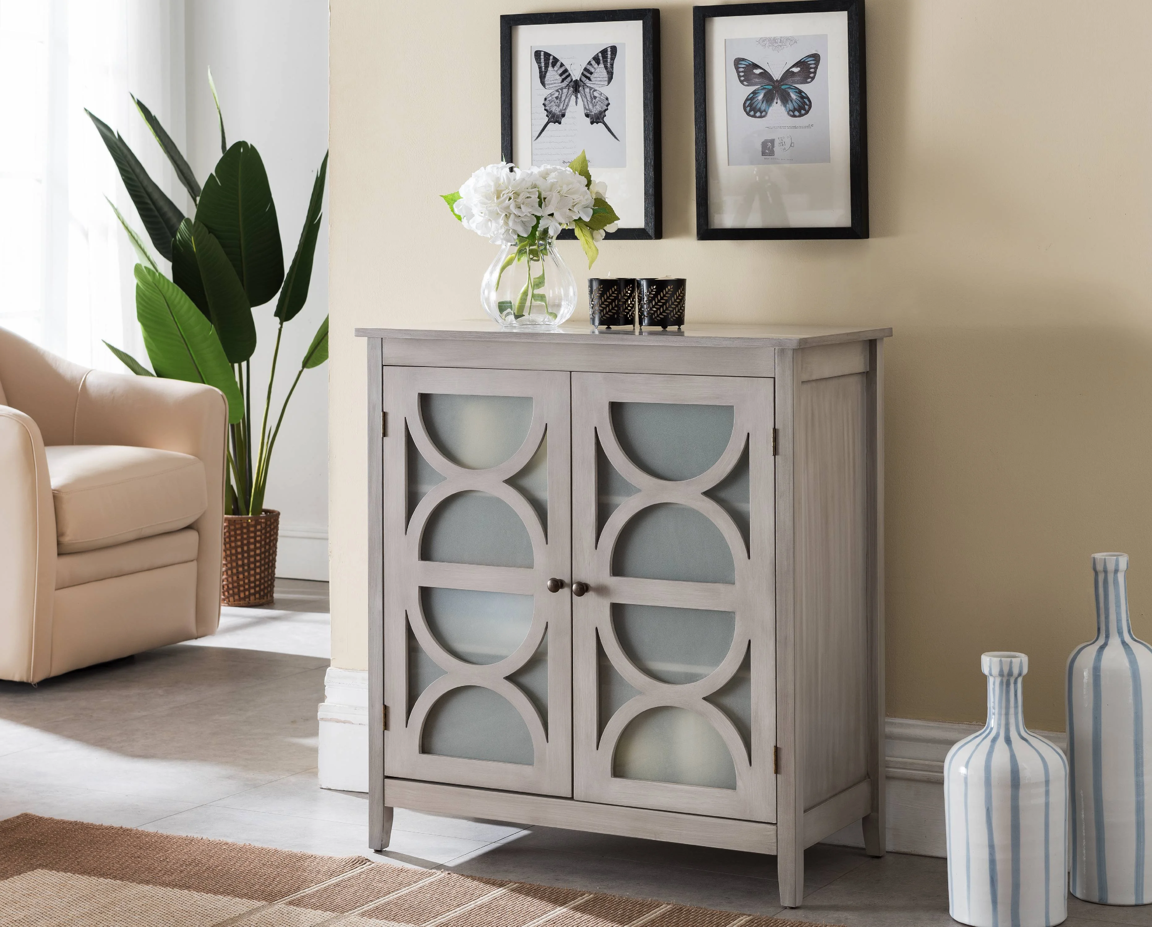 Pasco Wash Gray Wood Contemporary Entryway Console Table with Glass Doors