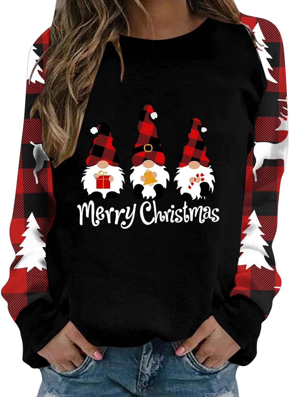 Women's Cute Christmas Sweater Sweatshirt Plus Size Crewneck Ugly Christmas Gnome Printed Pullover Shirt Plaid Long Sleeve Fuzzy Xmas Tops Christmas Sweatshirts Black S