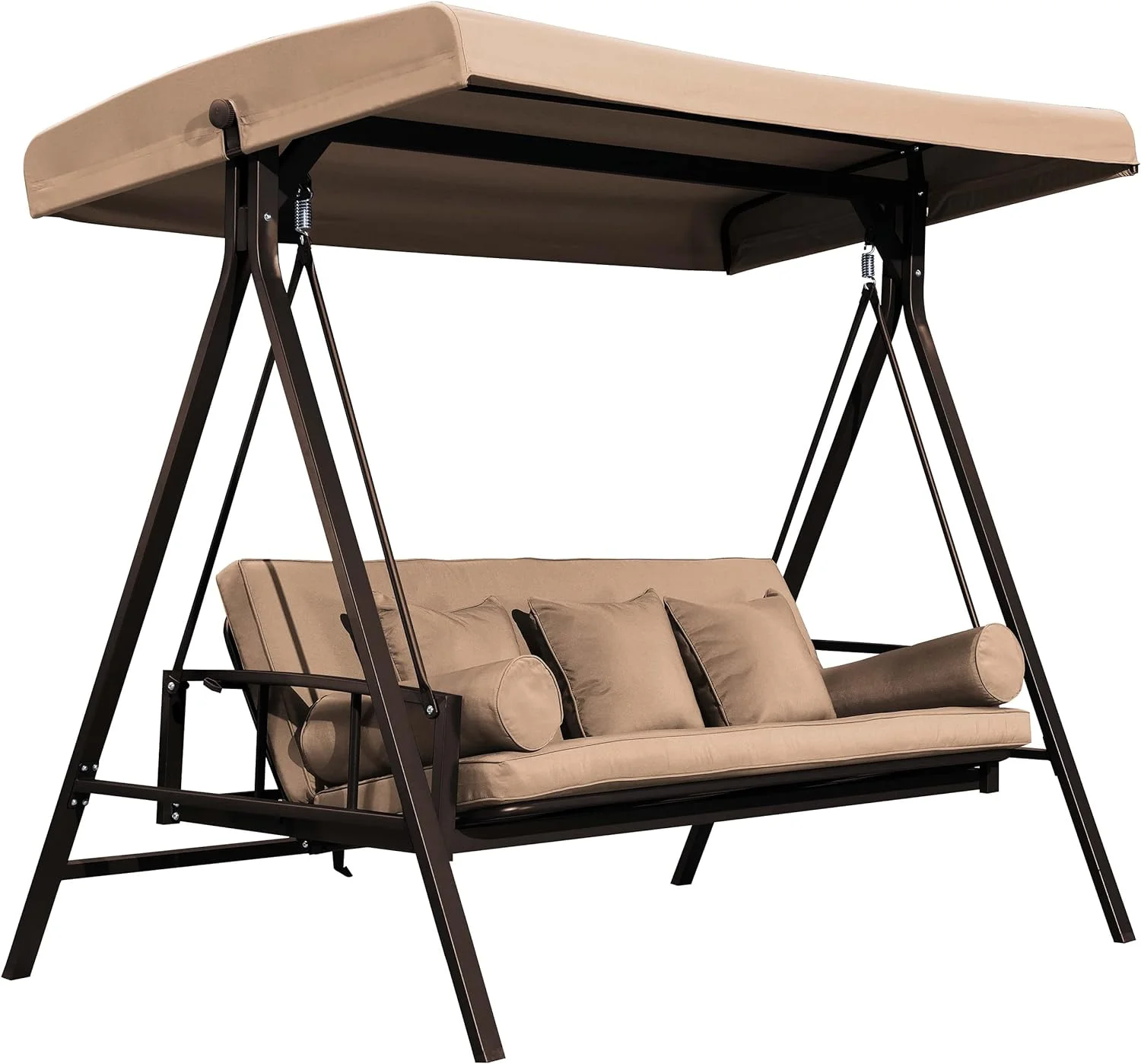 PURPLE LEAF Outdoor Patio Porch Swing Adjustable Backrest, 3-Seat Swing Chair with Weather Resistant Steel Frame for Backyard Front Porch Lawn, Cushion and Pillows Included, Beige