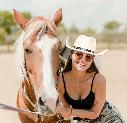 Lanzom Women Men Classic Felt Wide Brim Western Cowboy Cowgirl Hat with Belt Buckle