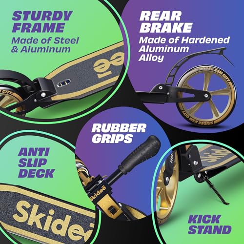 Skidee Adult & Teen Scooter Adjustable Height, Folding, Large Wheels, Lightweight, Durable, Anti-Shock Suspension, Up to 220 lbs