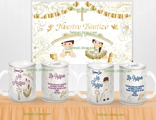 Propuesta para padrinos de bautizo, Set de 2 Tazas con moño de satin y tarjeta de agradecimiento,godfather proposal gifts,will you be my godfather,quieres ser mi madrina