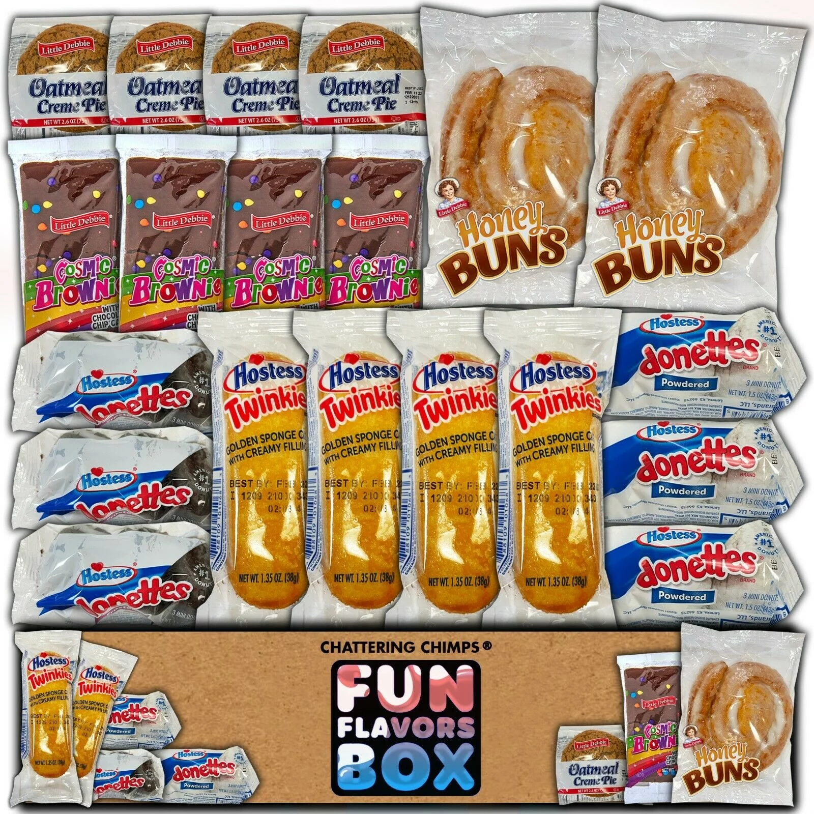 Fun Flavors Box Baked Pastry Dessert Snack Care Package - 20 Snacks Variety Assortment of Cookies, Cakes, Brownies, Cupcakes, Bakery Snack Gift Box