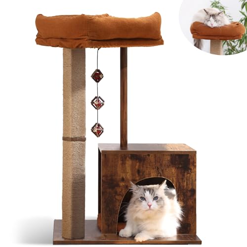 FUKUMARU Cat Scratching Post, Modern Style Cat Tree with Unique Square Post, Wooden Cat Tower with silvervine Balls, Retro Cat Condo Scratcher for Indoor Cats（Solid Wood）