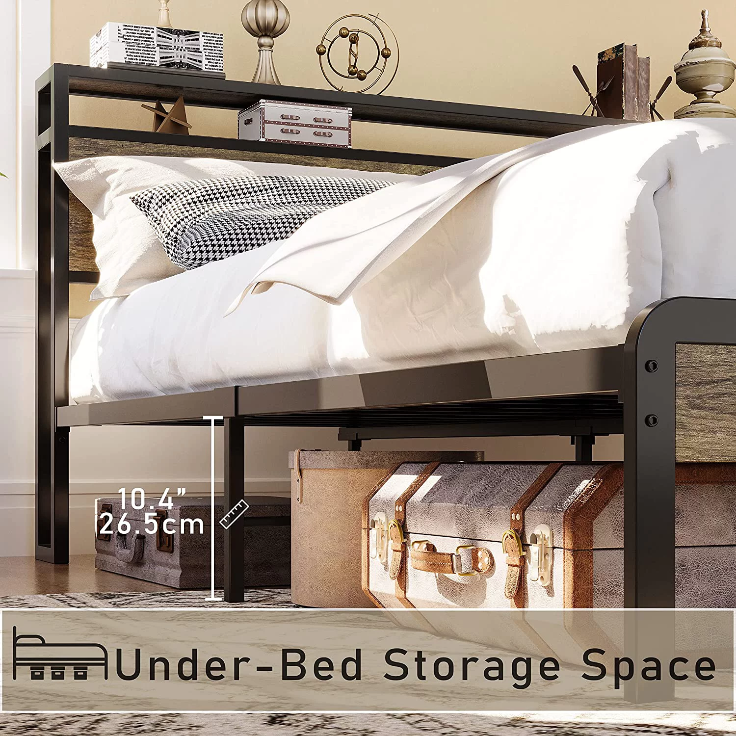 LIKIMIO King Size Bed Frame, Storage Headboard/Solid and Stable/Rustic Maple