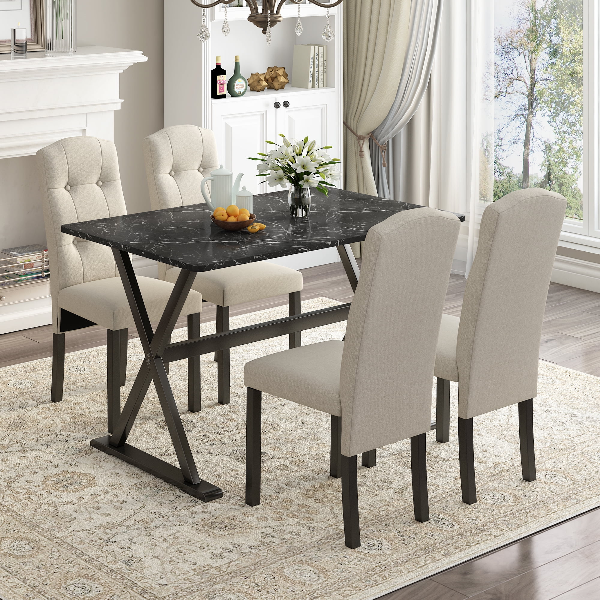 Atumon Dining Room Set for 4, 5 Piece Dining Set with Faux Marble Tabletop and 4 Upholstered Chairs, Wood Farmhouse Dining Room Set, 5 Piece Dining Table Set Furniture for Kitchen Dining Room, Black