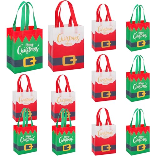 Christmas Gift Bags Assorted Sizes, Extra Large/Medium/Small 12PC Christmas Tote Bags with Handles, Heavy Duty Non-Woven Christmas Shopping Bags, Party Favor Bags, Large Holiday Bags for Presents Bulk