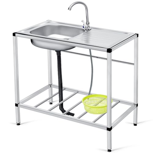 Tandefio Freestanding Outdoor Kitchen Utility Sink Set Stainless Steel Single Bowl Sink Portable Commercial Utility for Restaurant Cafe Bar Hotel Garage Laundry Room(Single Bowl)