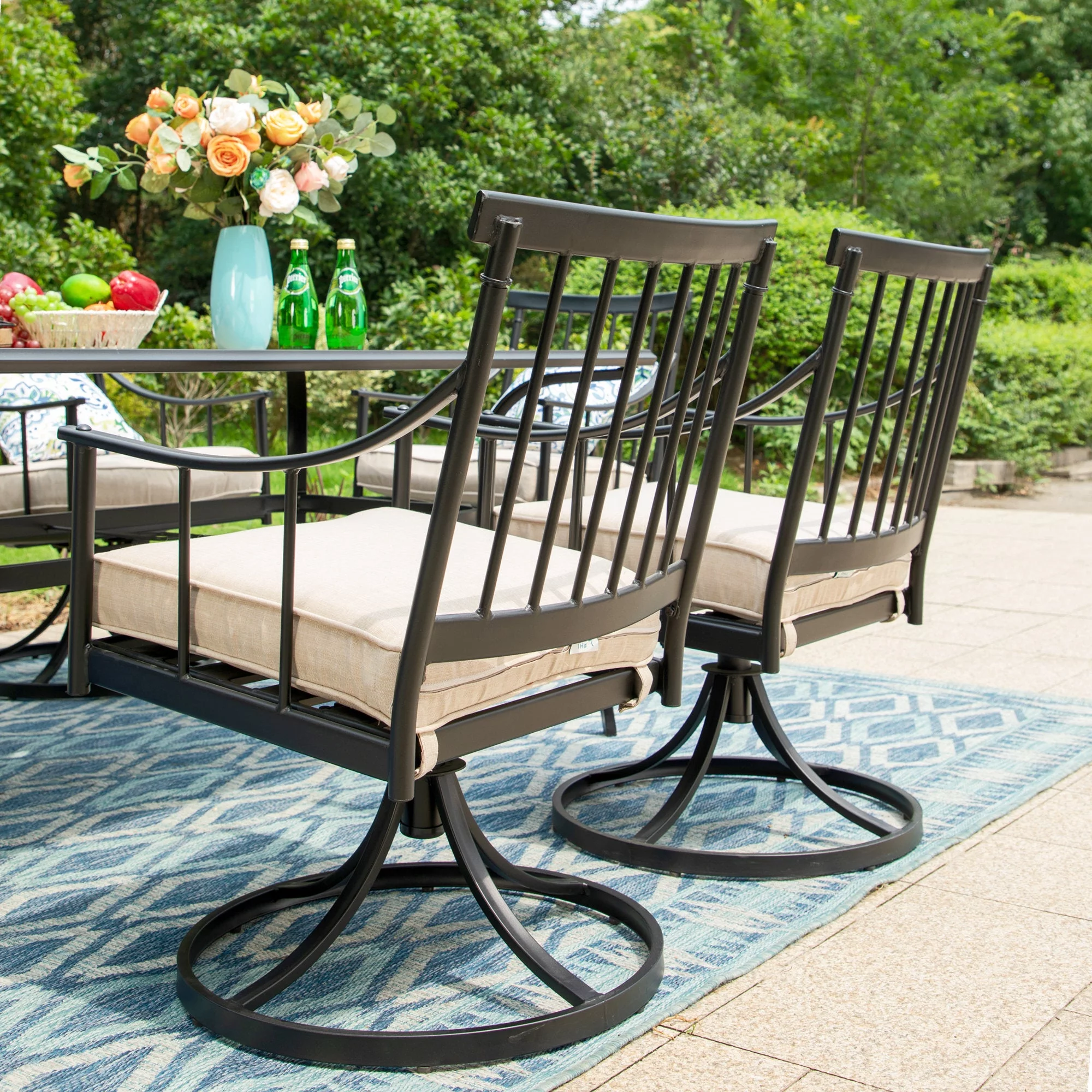 Summit Living 7-Piece Outdoor Dining Set with Cushioned Swivel Chairs & Faux Wood Table for 6-Person, Black & Beige