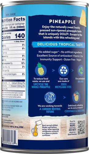 Dole 100% Juice, Pineapple, 46 Ounce Cans (Pack of 6)