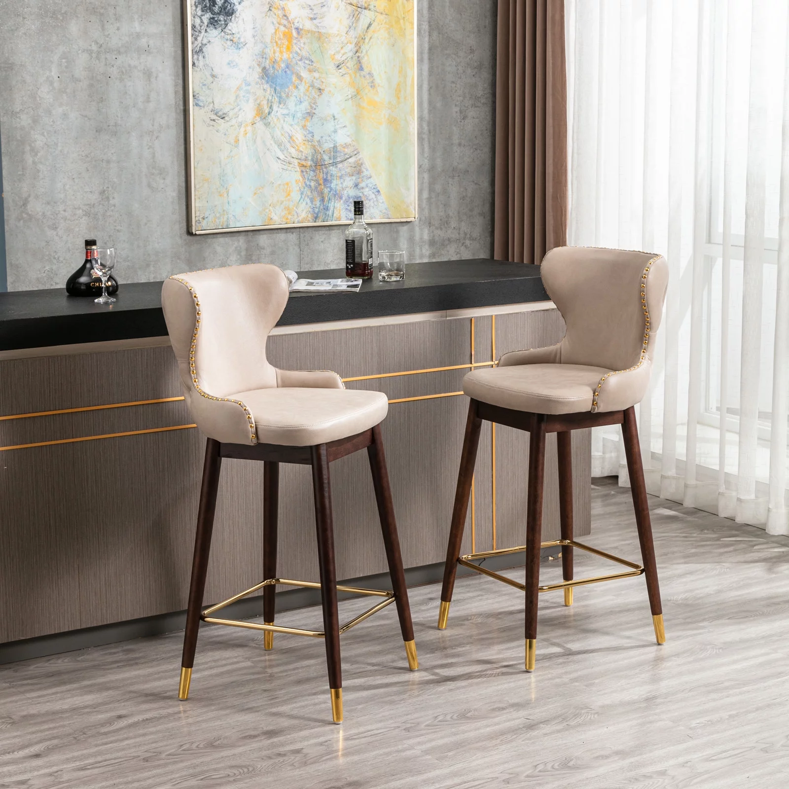 BTMWAY Bar Chairs Set of 2, Modern Upholstered Bar Stools with Gold Nailhead Trim and Solid Wood Legs, Leisure Cushioned Counter Stools with Wing-Back Backrest and Golden Footrest, Beige