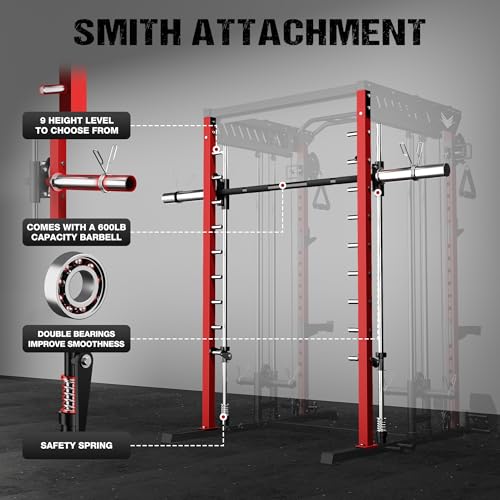 M21 Smith Machine, Multi-Function Power Cage with Dual Pulley Cable Crossover System, 2000LBS All-in-One Squat Rack with Smith Bar and Attachments