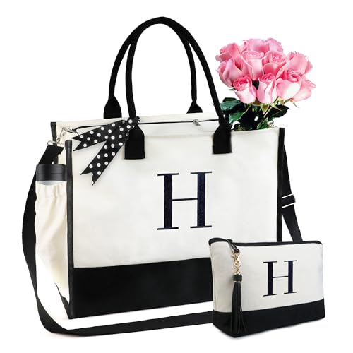 BeeGreen Mother's Day Gifts Personalized Women's Large White and Black Canvas Tote Bag, Embroidered Initials, Leather Handle, Zipper Closure