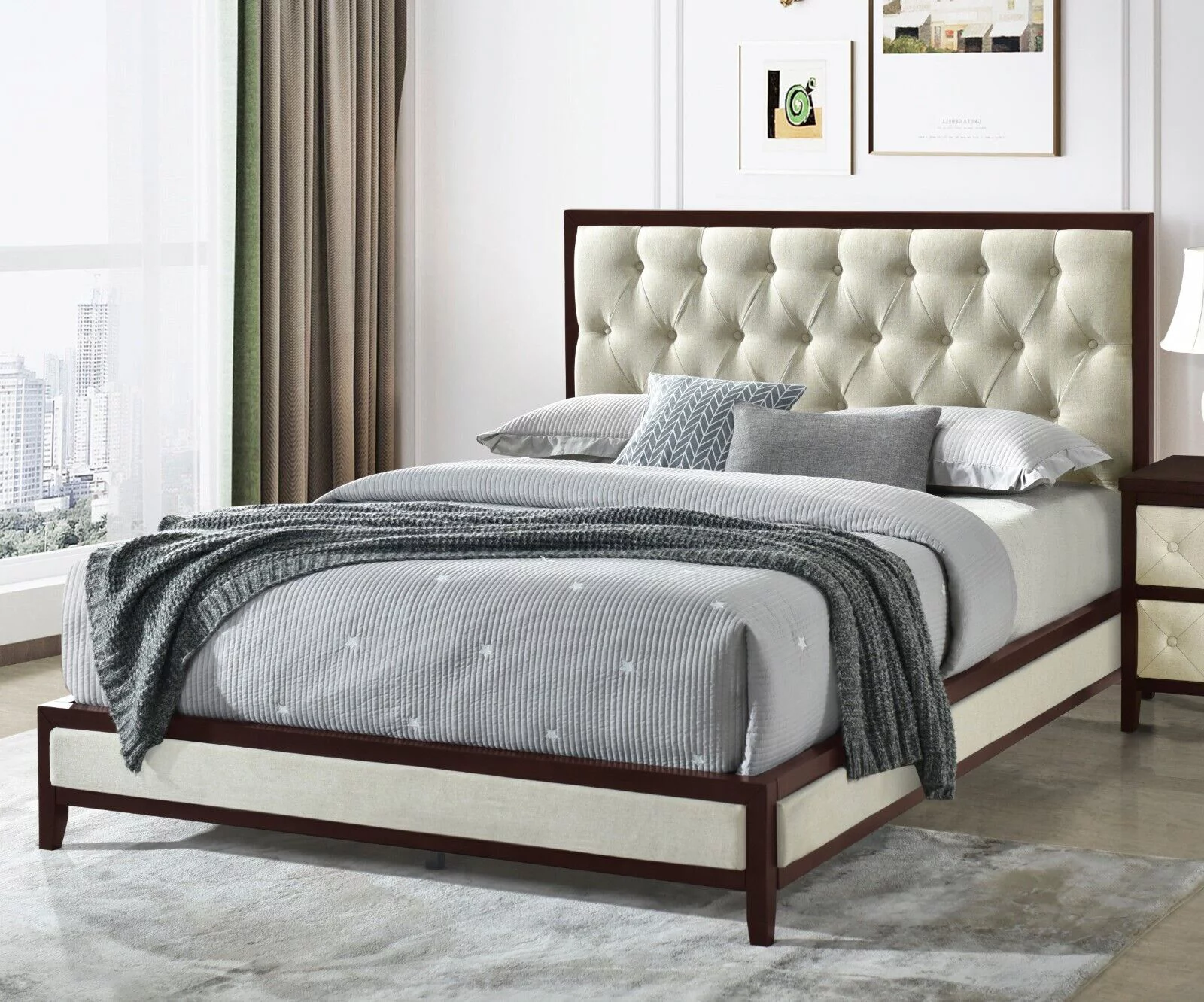 Cherry Espresso Finish Queen Size Bed 1pc Button Tufted Headboard Panel Wooden Bedroom Furniture