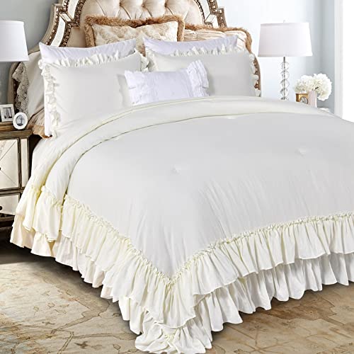 QSH Ruffled Comforter Set Queen Size, 3pcs Taupe Shabby Boho Chic Bedding Comforter Sets, Ultra Soft Farmhouse Lightweight Microfiber Inner Fill Bed Comforter set