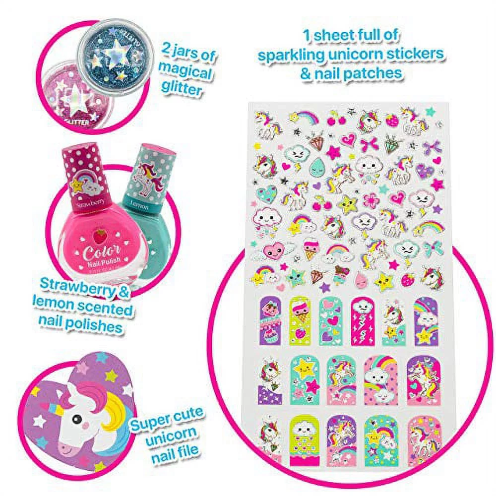 Hot Focus Sparkling Unicorn Nail Art Kit for Little Girls +80PCS- Scented Nail Polish, Pink and Blue Glitter, Unicorn Nail Stickers, Nail File, Non-Toxic 100% Kid Friendly. Designed in the US.
