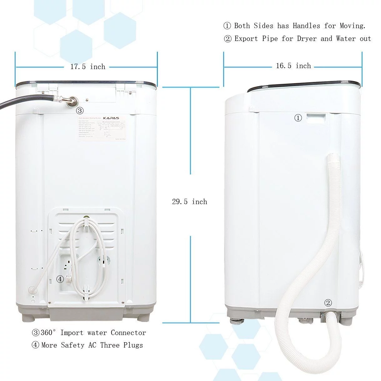 Compact Washing Machine, KAPAS Fully Automatic 2-in-1 Washer & Spin Dry Machine with 8 lbs Capacity Top Load Tub Washer