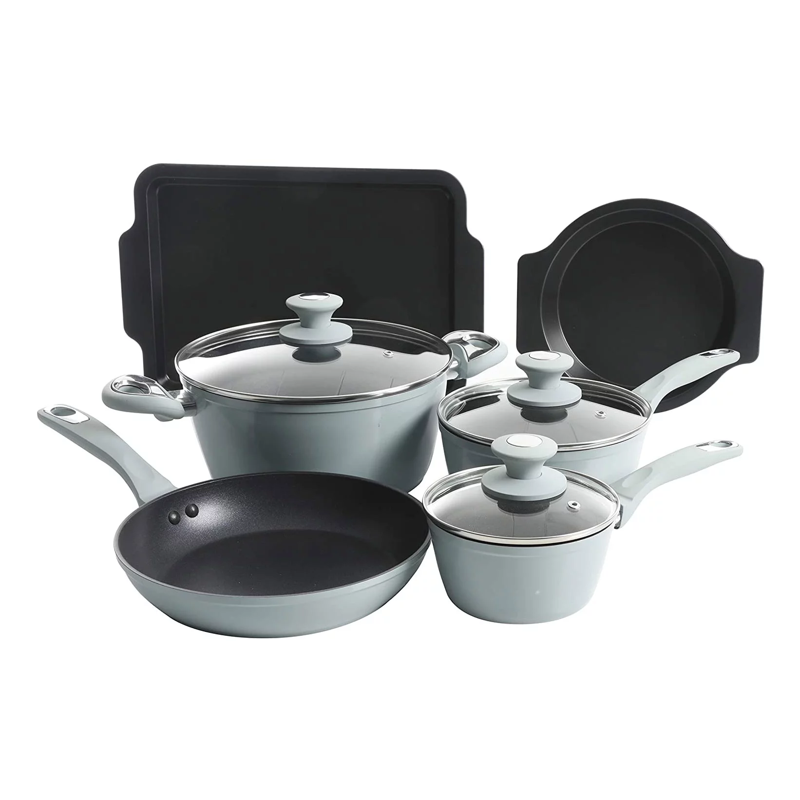 Oster 12 Piece Aluminum Non Stick Home Frying Pot & Pan Cookware Set, Dusty Blue