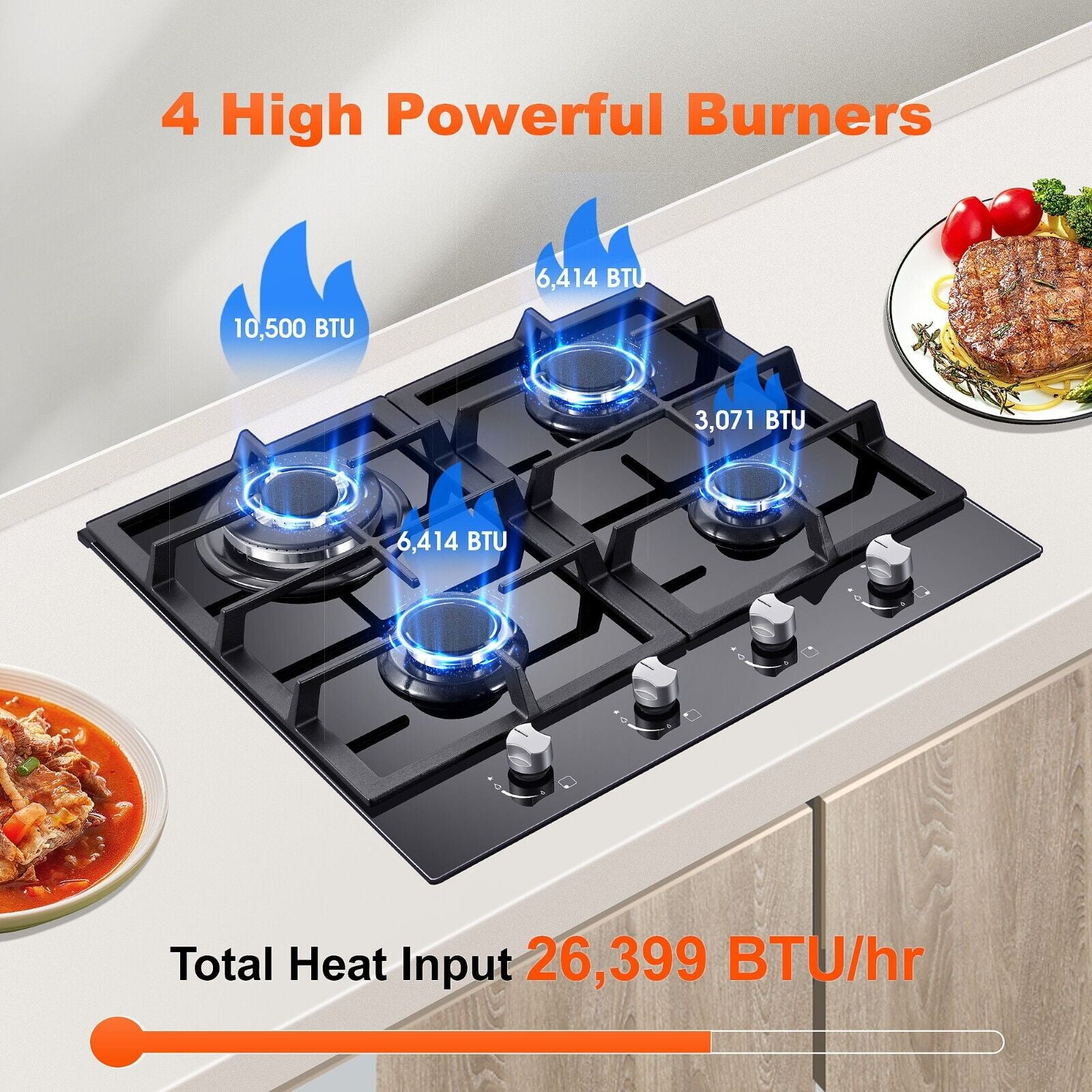24 inch Built-in Gas Cooktop 4 Burners with Tempered Glass Dual Burners NG/LPG Convertible Countertop