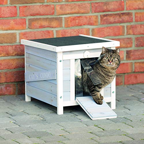 TRIXIE Small Outdoor Cat House, Weatherproof Cat Home with Raised Floor, Hinged Asphalt Roof & Covered Opening, Outdoor Shelter for Cats and Small Animals, Gray & White Fir Wood