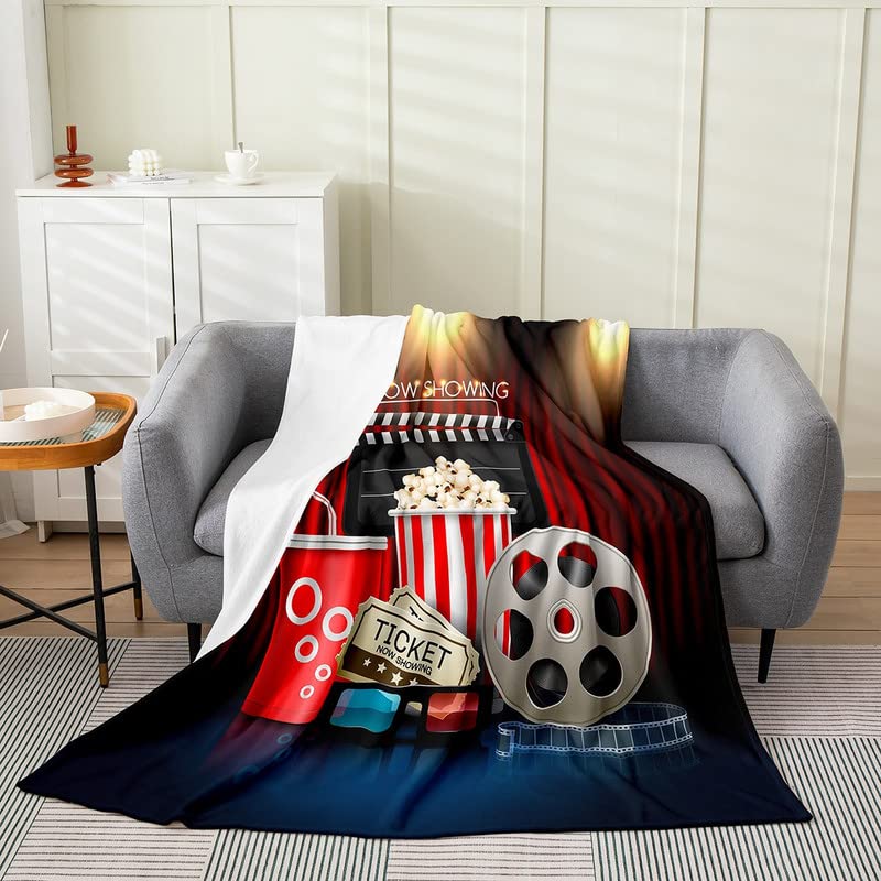 Vintage Cinema Movie Theater Plush Throw Blanket, Movie Theater All Season,Bed Blanket for Kids Teens Cinema Poster Design Flannel Fleece Blanket Old Fashion Bedroom Decor 40