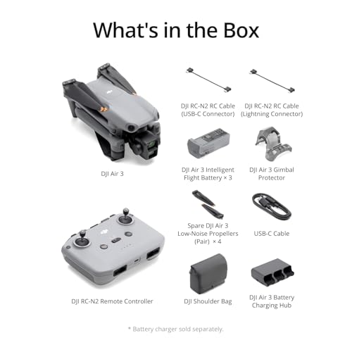 DJI Air 3 (DJI RC-N2), Drone with Medium Tele & Wide-Angle Dual Primary Cameras, 46-Min Max Flight Time, Omnidirectional Obstacle Sensing, 48MP Photos, 4K/60fps HDR, Compliance with FAA Remote ID