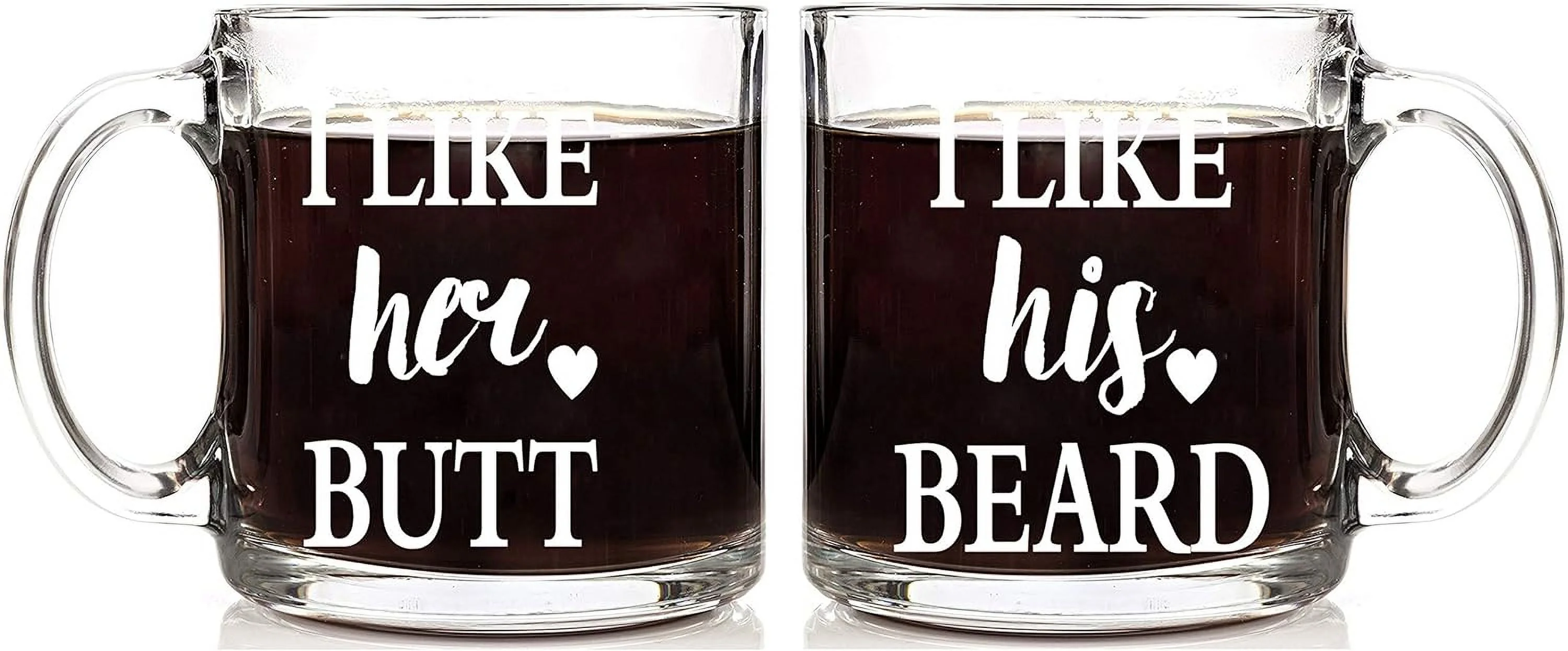 I Like His Beard, I Like Her Couples Mug - Funny Couple Mug - (2) 13OZ Glass Coffee Mug - Funny Mug Set - Mugs For Boyfriend And Girlfriend And Husband And Wife