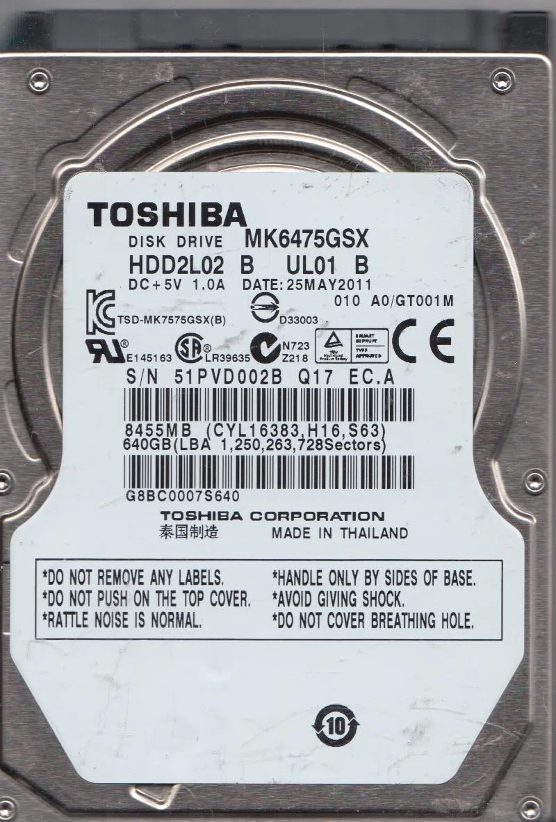 MK6475GSX, A0/GT001M, HDD2L02 B UL01 B, Toshiba 640GB SATA 2.5 Hard Drive