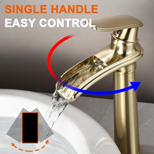 Bathroom Vessel Sink Faucet, Waterfall Oil Rubbed Bronze Bathroom Faucet, Vessel Faucet, Tall Body 1 Hole Single Handle with Pop Up Drain Combo Vanity Mixer Tap Basin Bowl Sink
