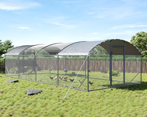Jocisland 9x25.3x6.4 FT Large Walk-in Chicken Coop with 2 Hinged Doors, Dome Roof, PE Cover & Wire Mesh for Backyard Hen, Rabbit, Duck, Easy to Install Metal Poultry Run