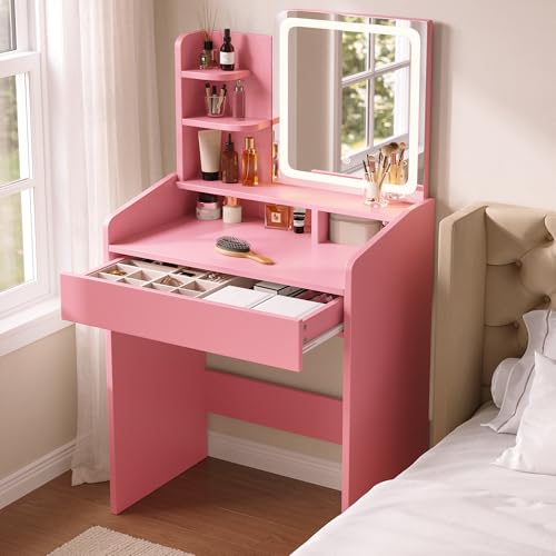 Dowinx Small Vanity Desk with Mirror and Lights, Makeup Vanity with Drawer & Storage Shelves, Makeup Desk with 3 Lighting Modes & Adjustable Brightness, Dressing Table for Women Girls Bedroom