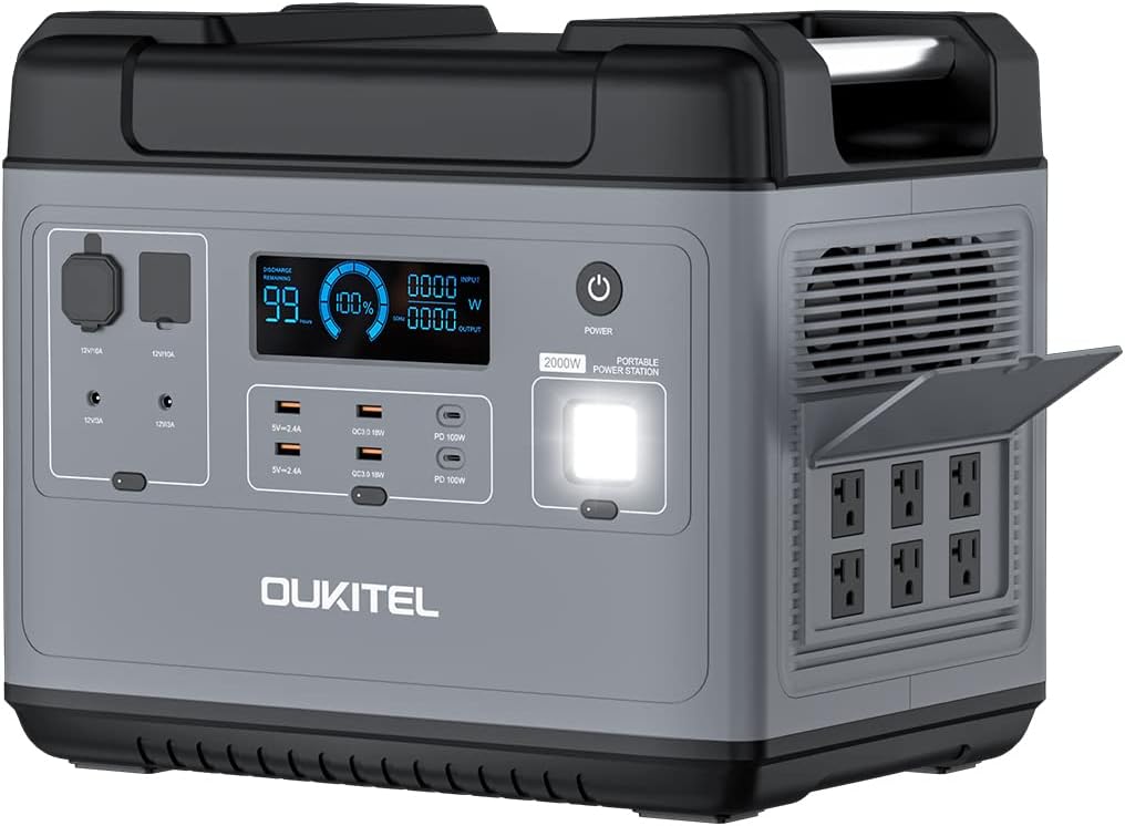 Portable Power Station 2000W, 2000WH Solar Generator OUKITEL P2001, LiFePO4 Outdoor Electric Generators with 6 AC Outlet, 100W USB-C Emergency Backup Electric Generator Power Supply for Outdoor Camping Road Trip