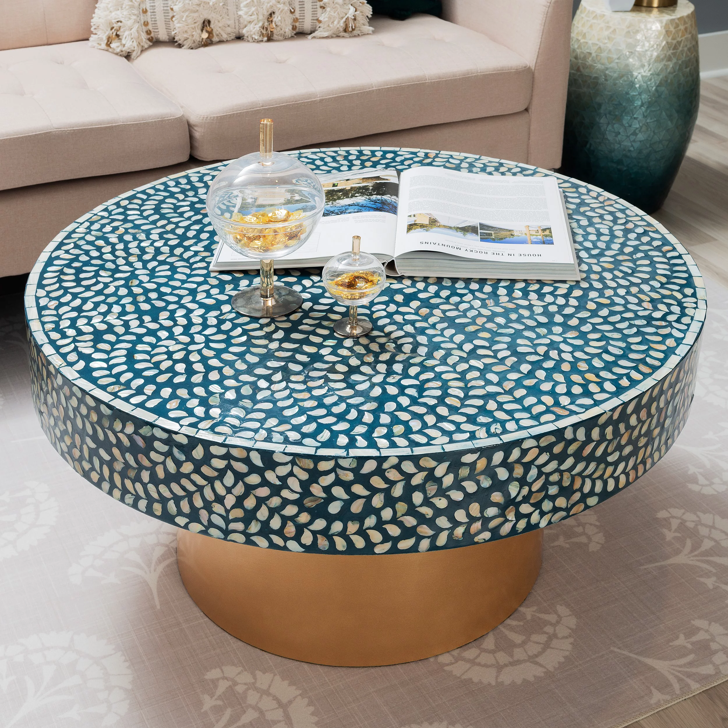 Linon Saxony Round Coffee Table, Blue Mother of Pearl
