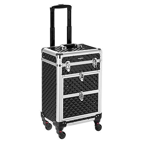 Aluminum Rolling Makeup Train Case, Portable Makeup Organizer Suitcase, Cosmetic Storage Box, Travel Beauty Luggage Trolley Lockable w/4 Removable Wheels & 2 Sliding Drawers (Red)