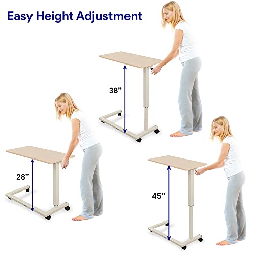 Medacure Hospital Bed Table, Light Oak - Overbed Table with Wheels & Adjustable Height - Food, Laptop, and Reading Overbed Desk - 50lb Capacity Over The Bed Table
