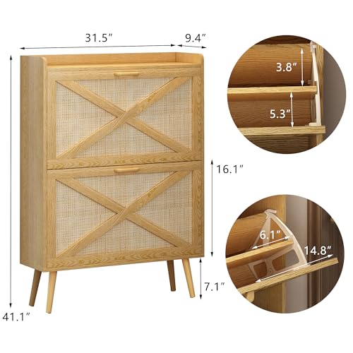 Shoe Cabinet Storage for Entryway, Rattan Shoe Cabinet with 2 Flip Drawers Hidden Shoe Rack Natural Freestanding Shoe Storage Cabinet Organizer for Entrance Living Room Hallway