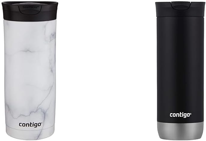 Contigo Huron 16oz Vacuum Insulated Stainless Steel Travel Mugs with Leak-Proof Lids, White Marble and Licorice