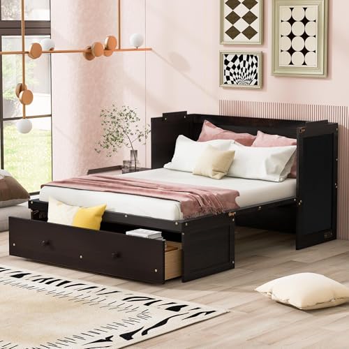 Harper & Bright Designs Full Murphy Bed with USB Charging Station and Large Drawer, Wooden Full Size Bed Wall Bed with Storage, Cube Cabinet Bed for Home Office Guest Room Bedroom,Espresso