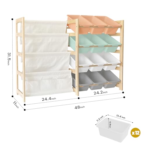 Toy Storage Organizer with Bookshelf - 12 Storage Bins 4-Tier Multipurpose Shelf to Organize Toys and Books for Kids Room, Playroom, Nursery Room, White