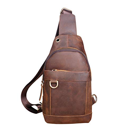 Le'aokuu Men Fashion Casual Tea Designer Travel Hiking Crossbody Chest Sling Bag Rig One Shoulder Strap Bag Men Leather 8015
