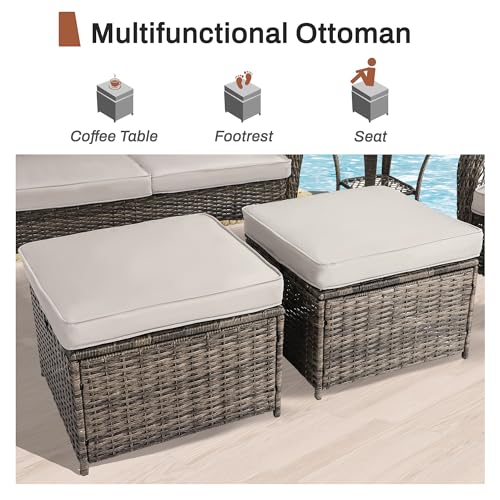 6 Pieces Patio Furniture Set, Outdoor Wicker Sofa Couch with 360° Swivel Rocking Chairs,Patio Conversation Sets with Ottoman and Coffee Table for Outside Porch Backyard Pool (Gray)