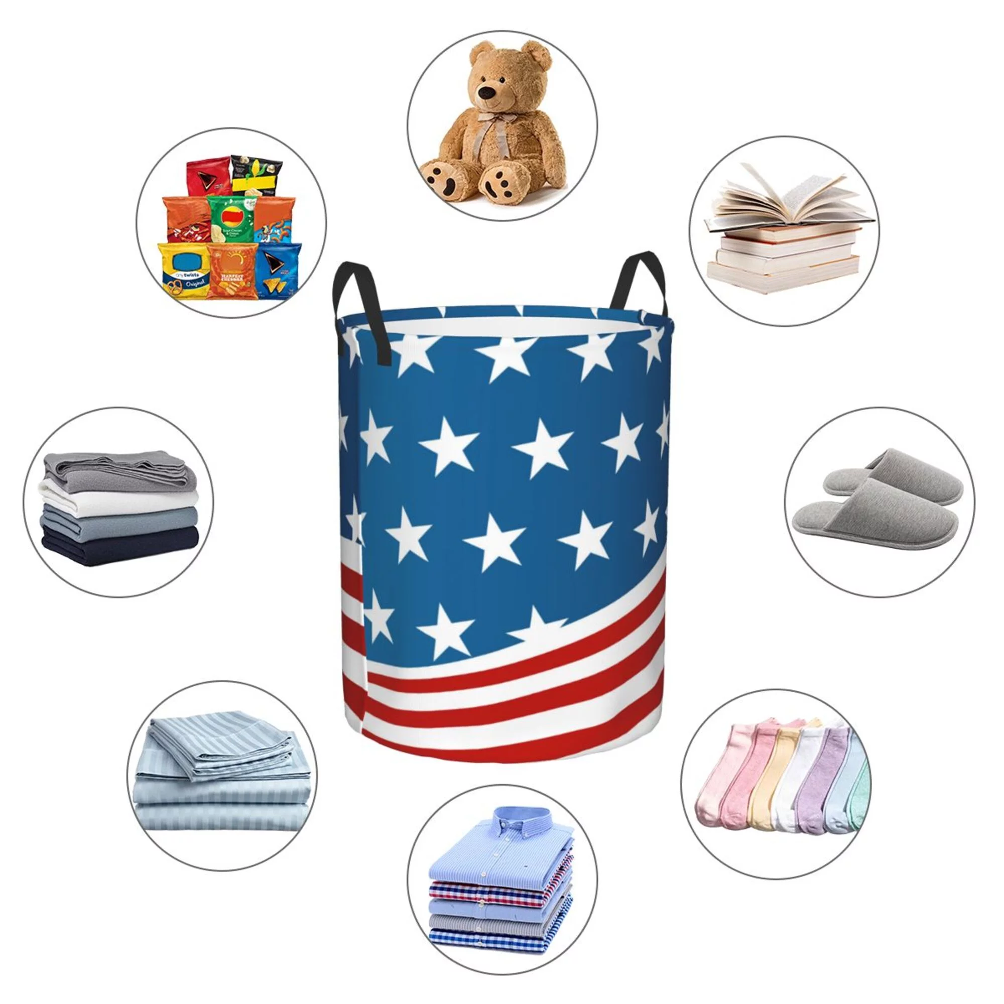 DouZhe Waterproof Collapsible Large Laundry Baskets, American Usa Stripe Stars Prints Circular Hamper with Handles