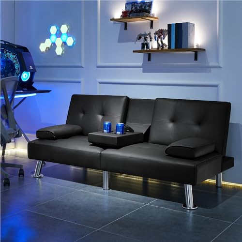 Yaheetech Convertible Sofa Bed Adjustable Fabric Couch Sleeper Modern Recliner Reversible Loveseat Folding Daybed Guest Bed, Removable Armrests, Cup Holders, 3 Angles, 772lb Capacity, Dark Gray