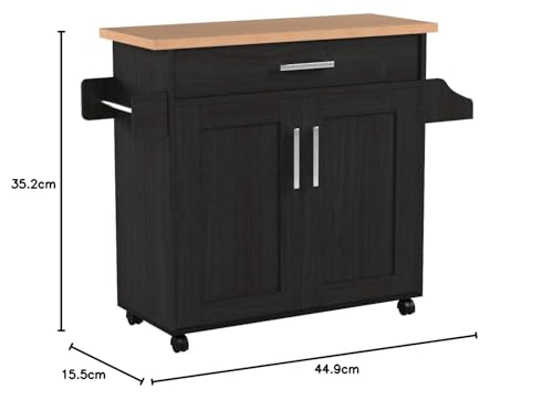 Hodedah Rolling Wood Kitchen Island Cart with Spice Rack, Towel Rack, Utensil Drawer plus Cabinet, White with Beech Top