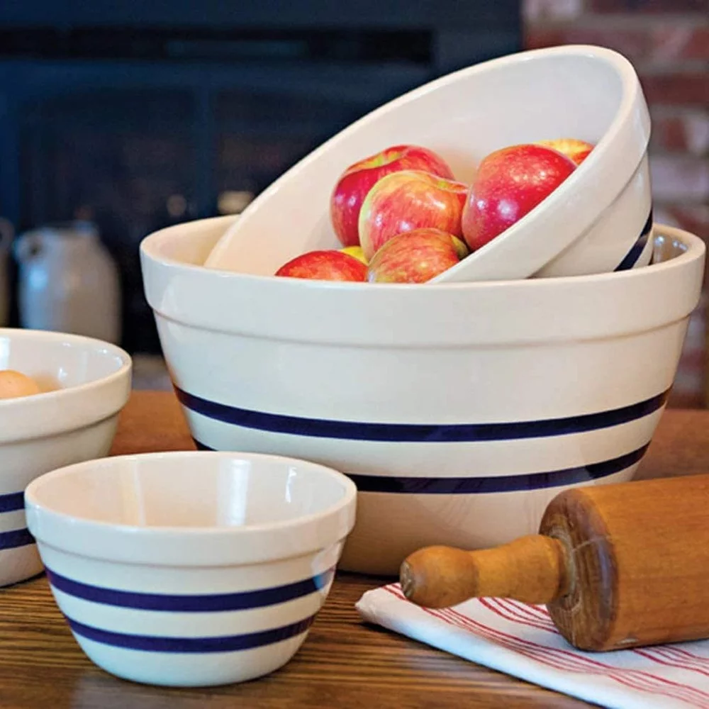 Ohio Stoneware USA-Made Shoulder Bowl Lead Free Bristol with Navy Stripes Large