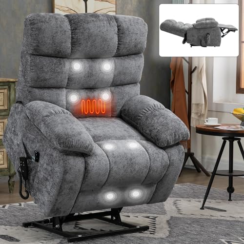 Oversized Lift Recliner Chair - Lay Flat Massage Recliner Chair with Heat & Massage Function, Dual Motor Infinite Position Up to 350 LBS Heavy Duty Electric Power Lift Recliners with Remote (Grey)